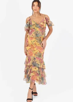Skirts>Anaya with Love Yellow Floral Print Ruffled Midi Skirt