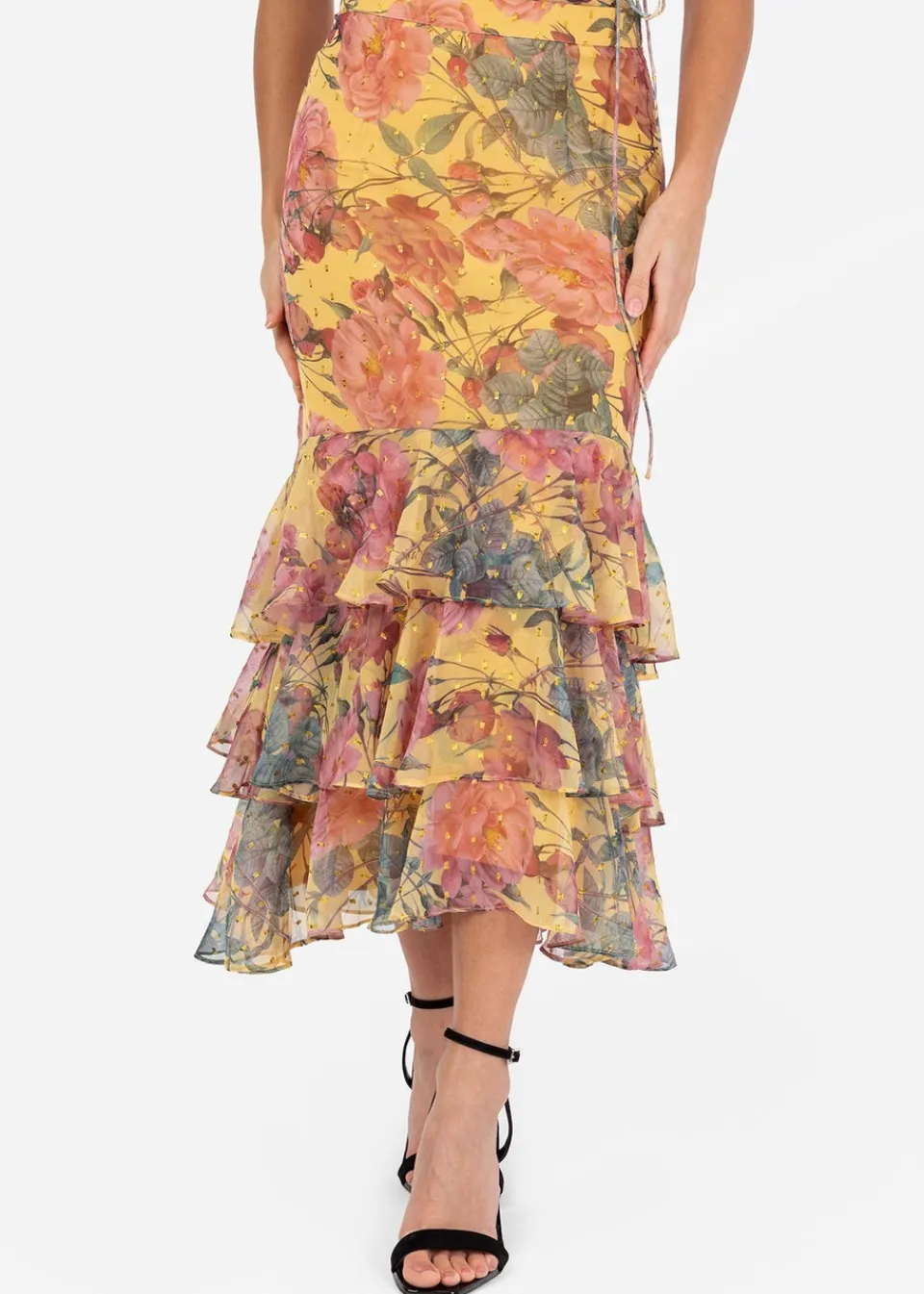 Skirts>Anaya with Love Yellow Floral Print Ruffled Midi Skirt