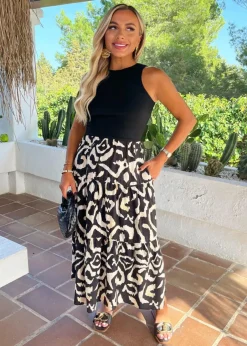 Dresses>AX Paris Black Abstract Print 2 In 1 Smock Midi Dress BlackPrint