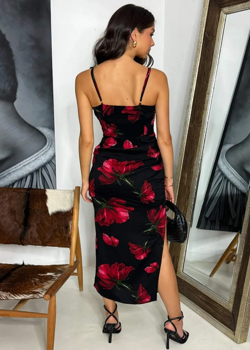 Dresses>AX Paris Black & Red Floral Print Ruched Side Strappy Midi Dress Black&Red