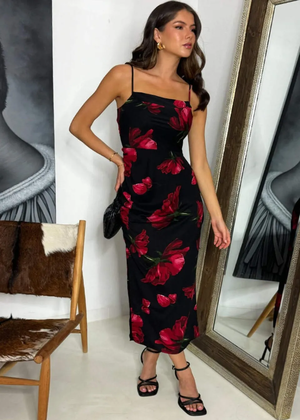 Dresses>AX Paris Black & Red Floral Print Ruched Side Strappy Midi Dress Black&Red