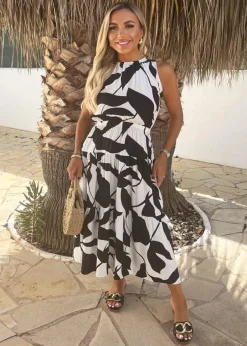 Dresses>AX Paris Black & White Leaf Print Sleeveless Tiered Smock Midi Dress