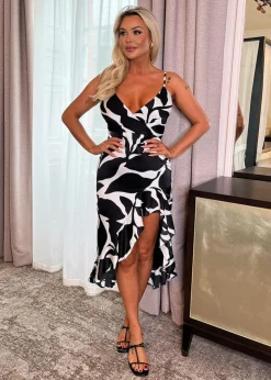 Dresses>AX Paris Black & White Leaf Print Strappy Wrap Top High Low Frill Hem Midi Dress