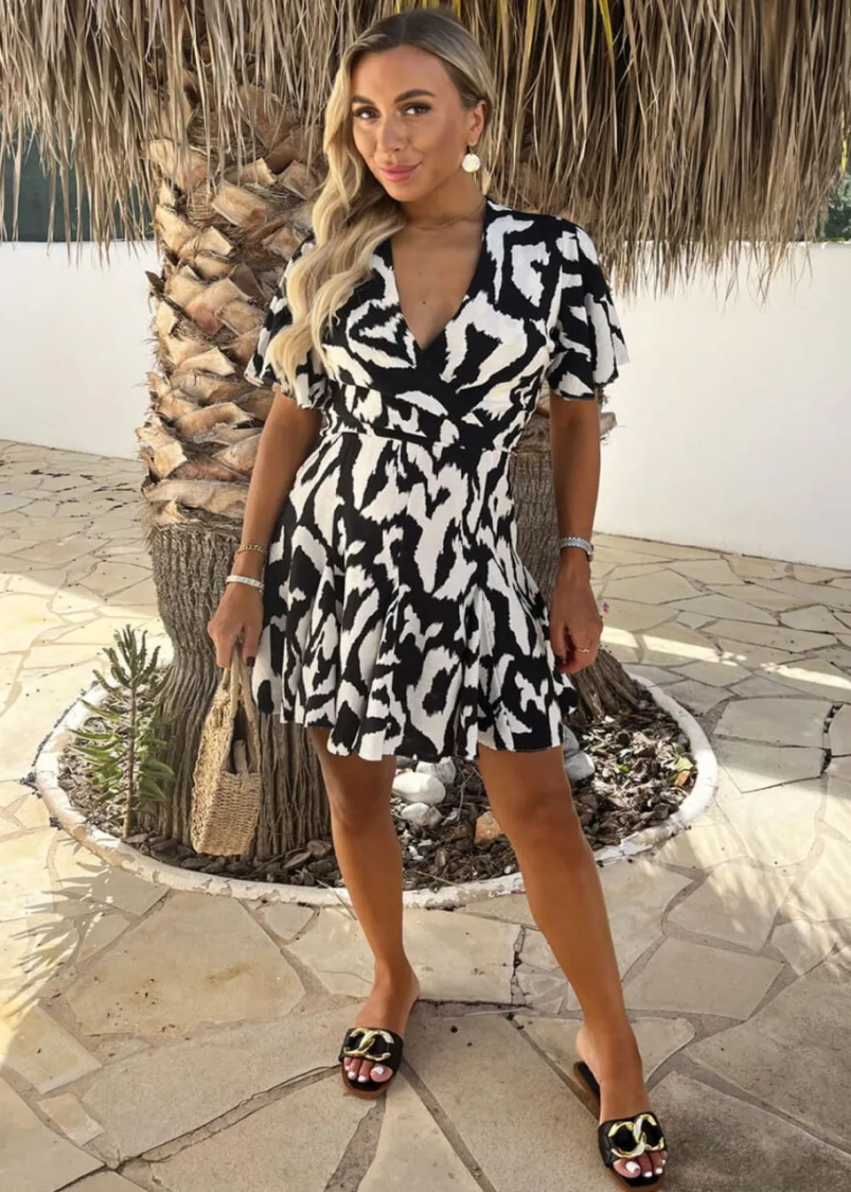 Dresses>AX Paris Black And White Abstract Print Wrap Top Skater Mini Dress Black&White
