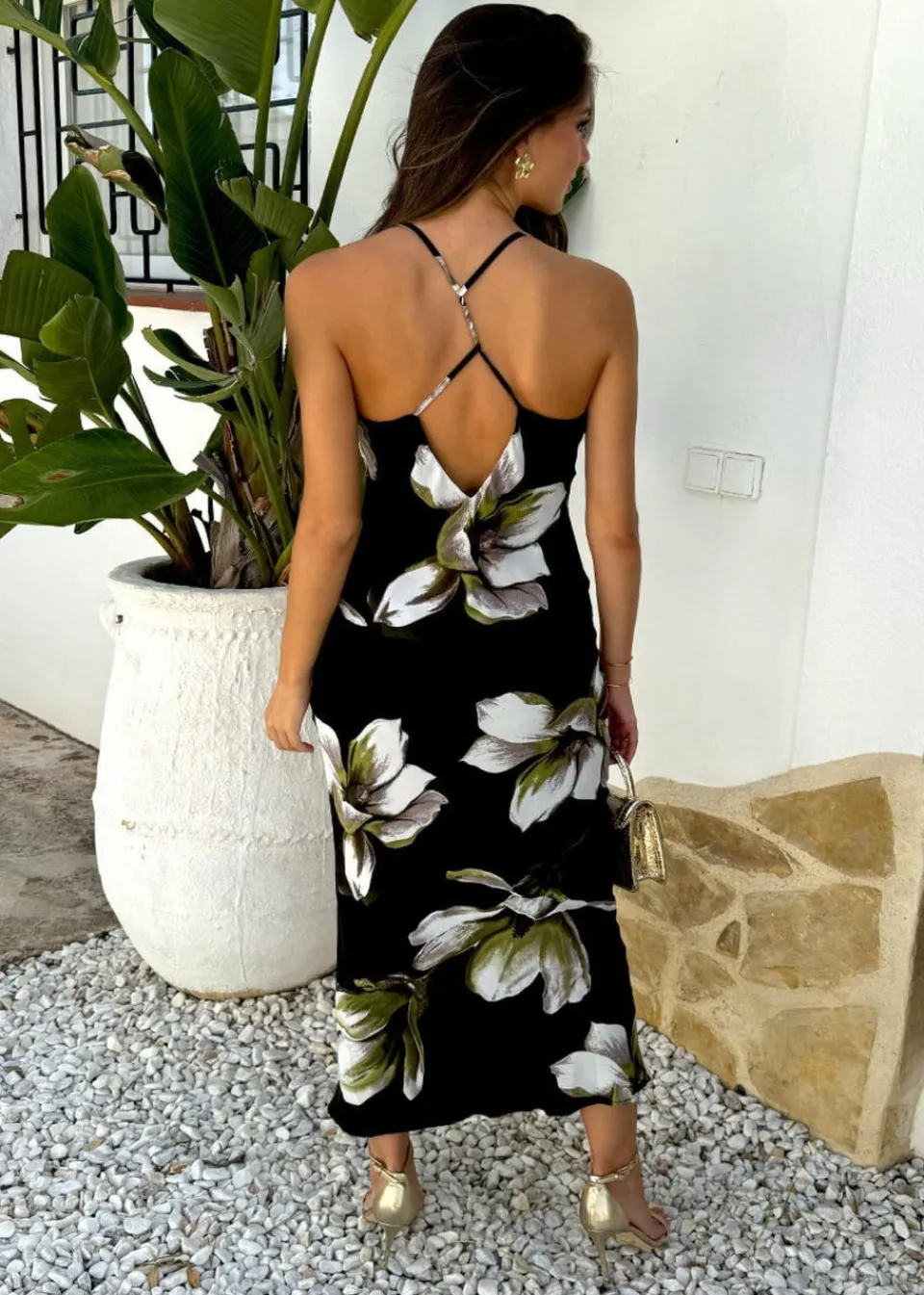 Dresses>AX Paris Black And White Floral Print Strappy Twist Back Slip Midi Dress