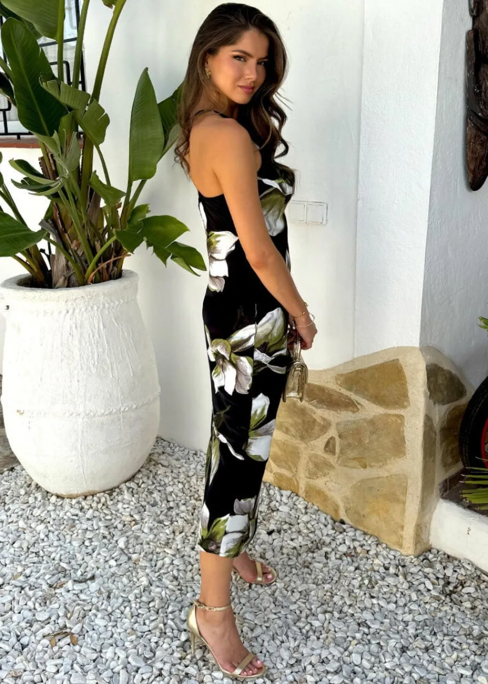 Dresses>AX Paris Black And White Floral Print Strappy Twist Back Slip Midi Dress