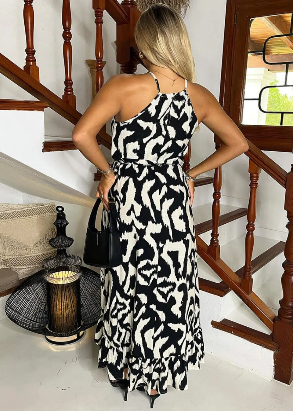 Dresses>AX Paris Black And White Abstract Print Racer Neck Frill Hem Midi Dress