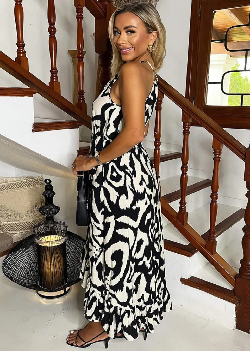 Dresses>AX Paris Black And White Abstract Print Racer Neck Frill Hem Midi Dress