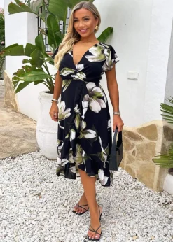 Dresses>AX Paris Black Floral Print Frill Hem Wrap Midi Dress