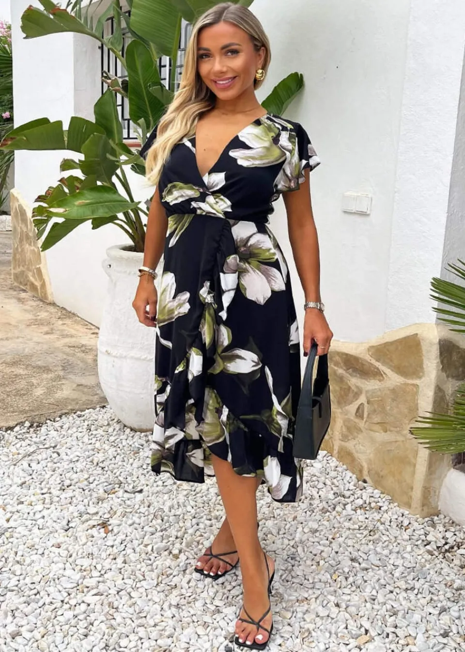 Dresses>AX Paris Black Floral Print Frill Hem Wrap Midi Dress