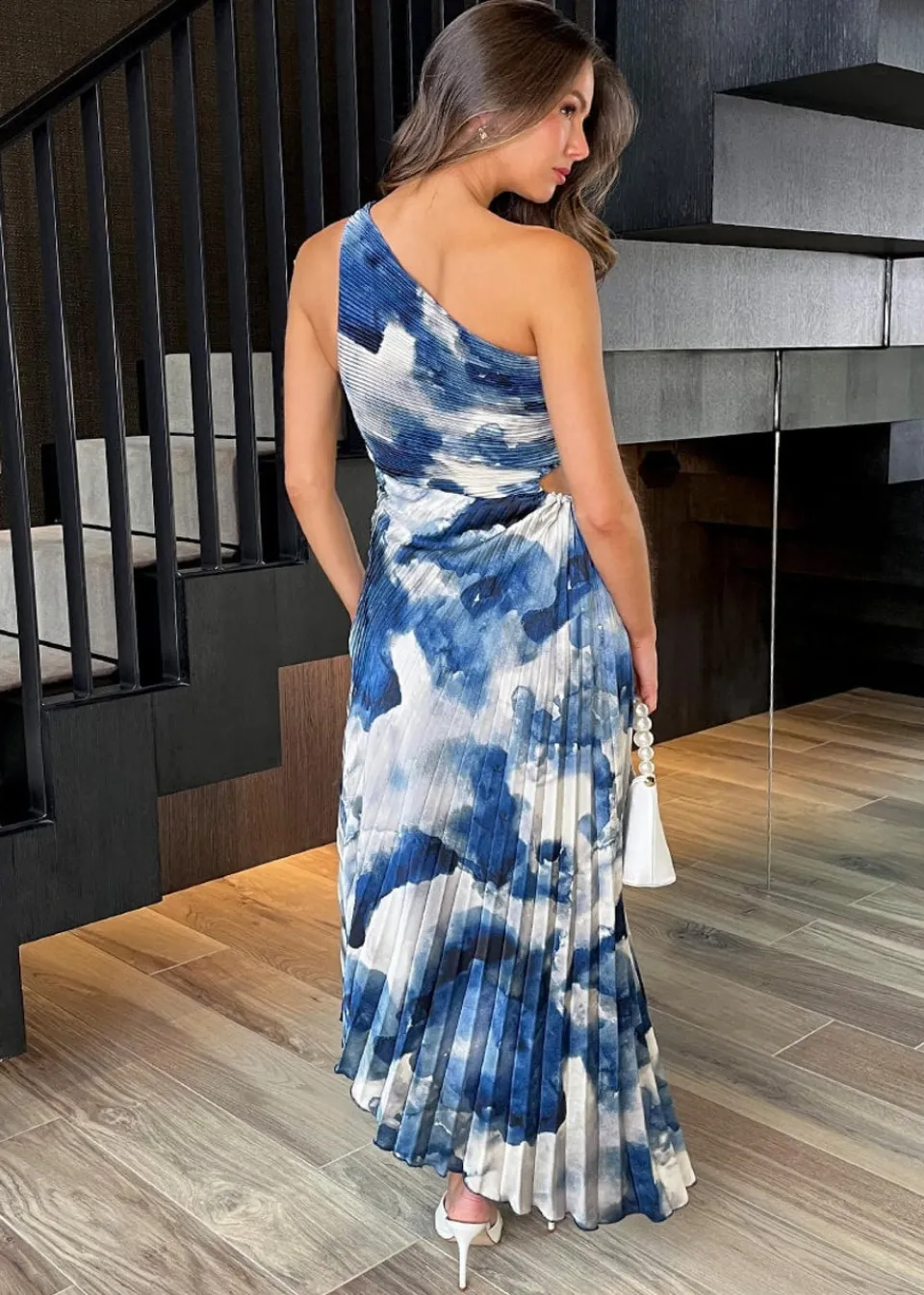 Dresses>AX Paris Blue Marble Print One Shoulder Cut Out Pleated Midi Dress