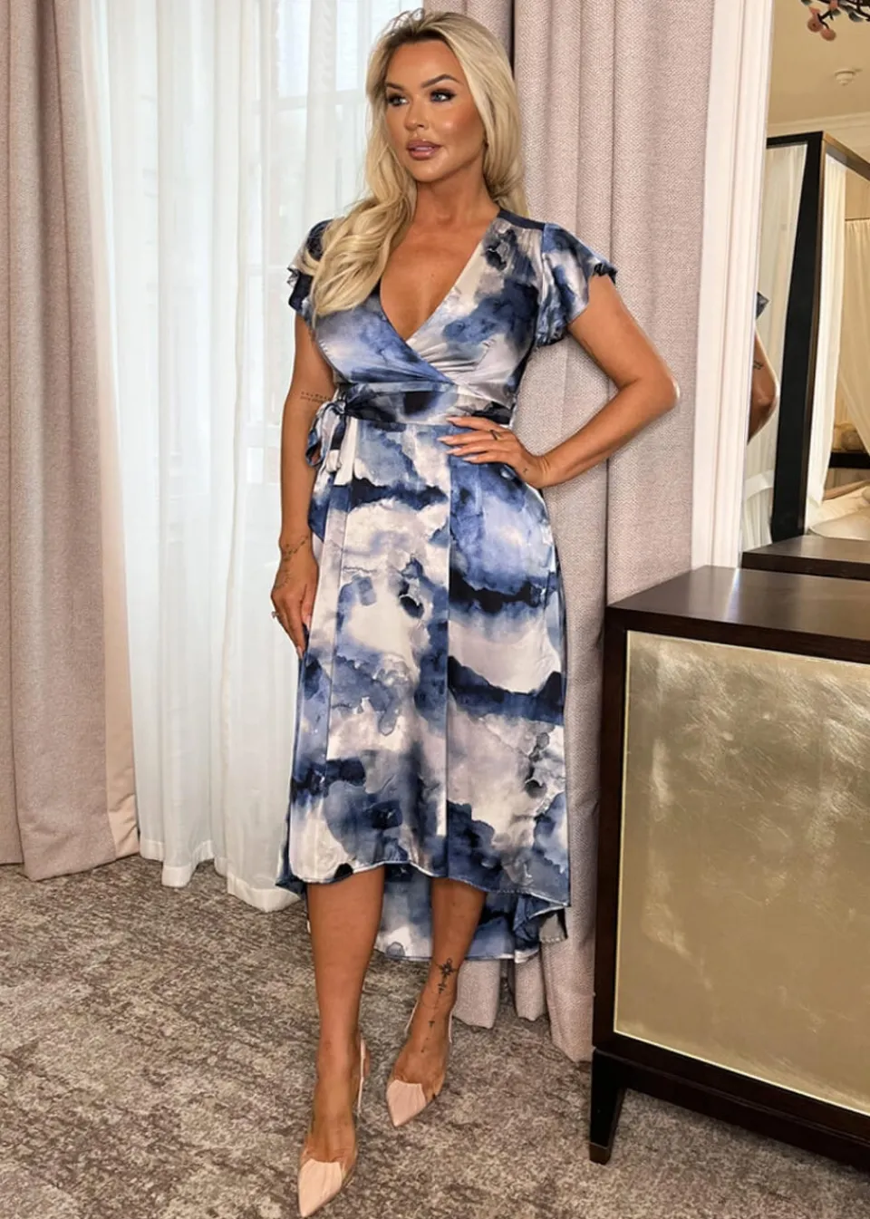 Dresses>AX Paris Blue Marble Print Short Sleeve Belted Wrap Midi Dress BluePrint