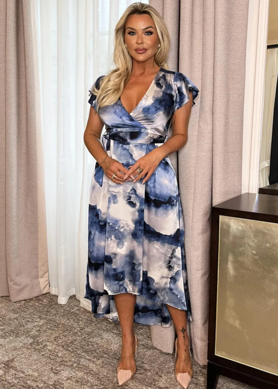 Dresses>AX Paris Blue Marble Print Short Sleeve Belted Wrap Midi Dress BluePrint