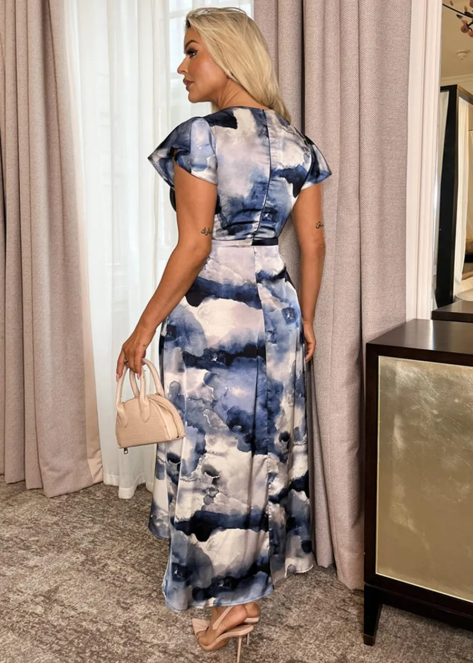 Dresses>AX Paris Blue Marble Print Short Sleeve Belted Wrap Midi Dress BluePrint