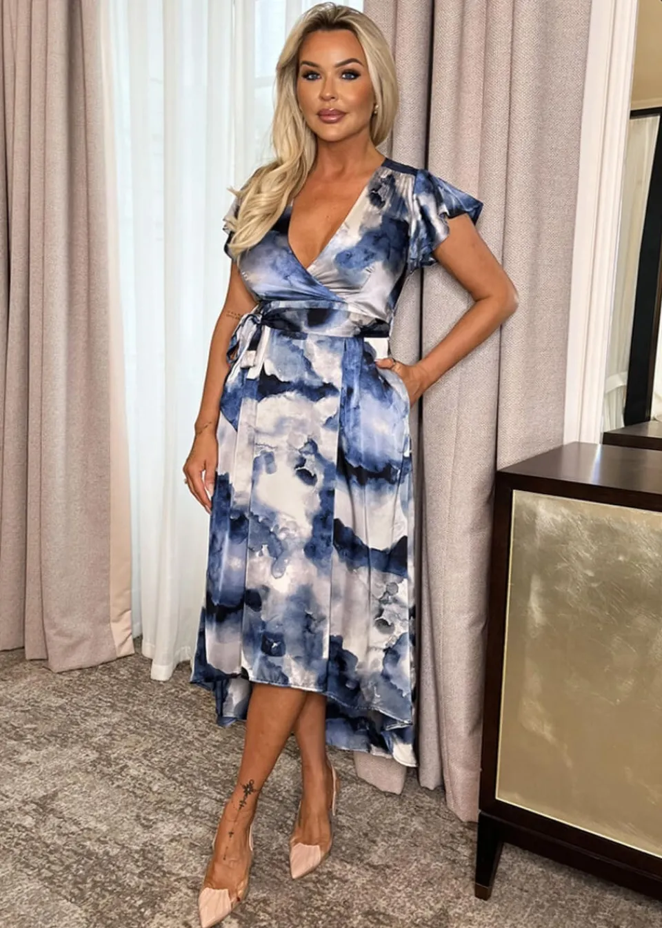 Dresses>AX Paris Blue Marble Print Short Sleeve Belted Wrap Midi Dress BluePrint