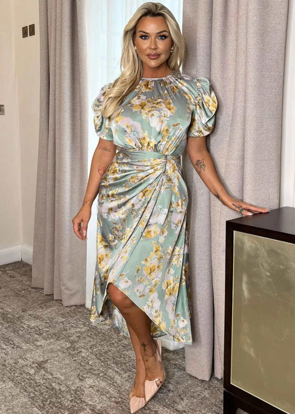 Dresses>AX Paris Duck Egg Floral Print Puff Sleeve Gathered Side Midi Dress