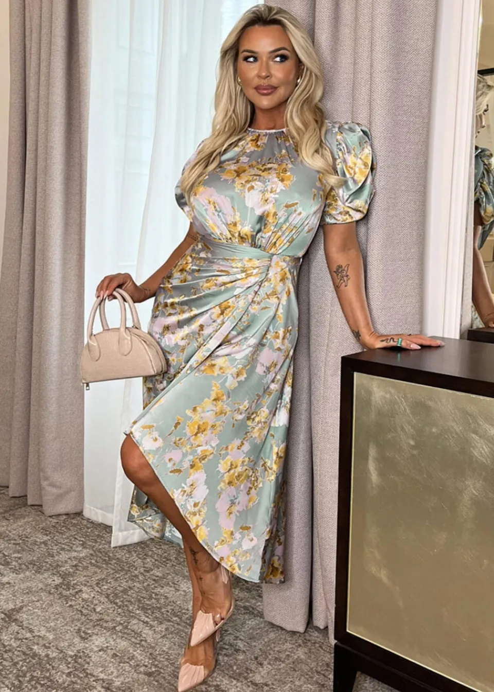 Dresses>AX Paris Duck Egg Floral Print Puff Sleeve Gathered Side Midi Dress