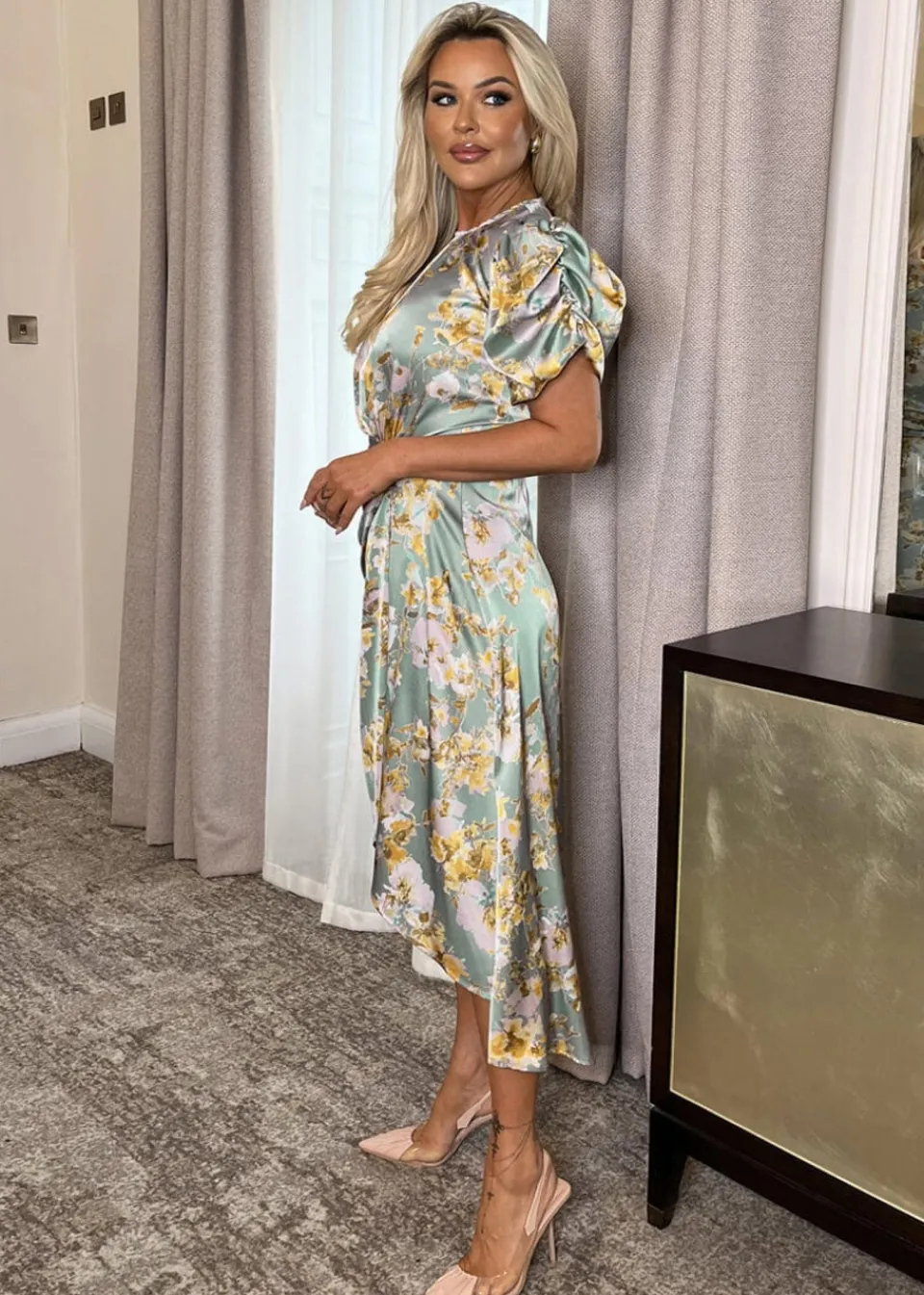 Dresses>AX Paris Duck Egg Floral Print Puff Sleeve Gathered Side Midi Dress
