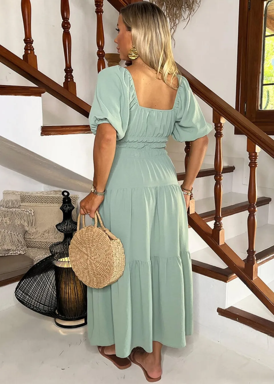 Dresses>AX Paris Duck Egg Puff Sleeve Shirred Waist Smock Midi Dress DuckEgg