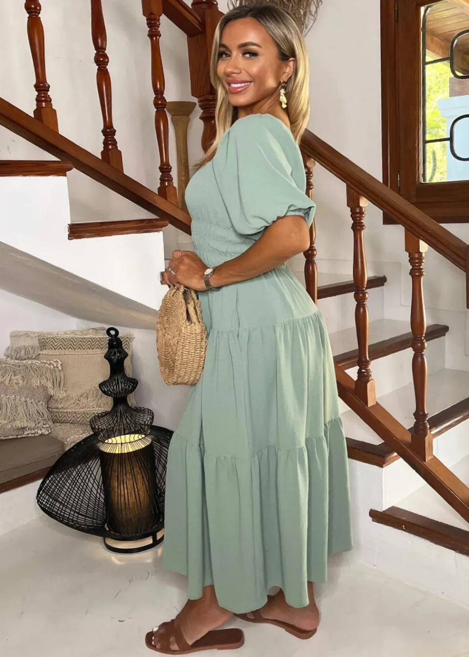 Dresses>AX Paris Duck Egg Puff Sleeve Shirred Waist Smock Midi Dress DuckEgg