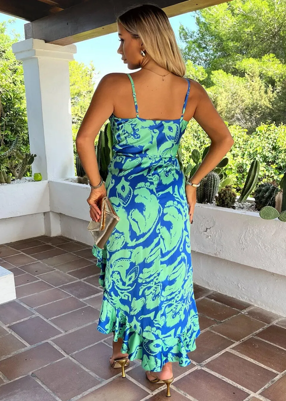 Dresses>AX Paris Green Abstract Printed Strappy Wrap Frill Hem Midi Dress