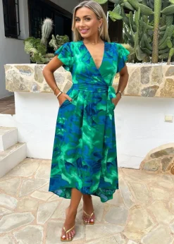 Dresses>AX Paris Green Abstract Print Short Sleeve Belted Wrap Midi Dress GreenPrint