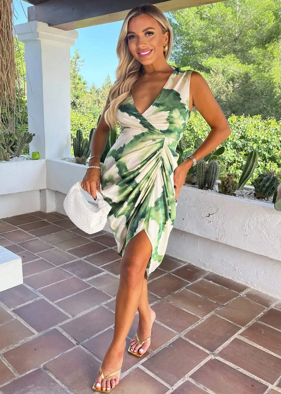 Dresses>AX Paris Green Marble Print Wrap Top Gathered Skirt Midi Dress GreenPrint