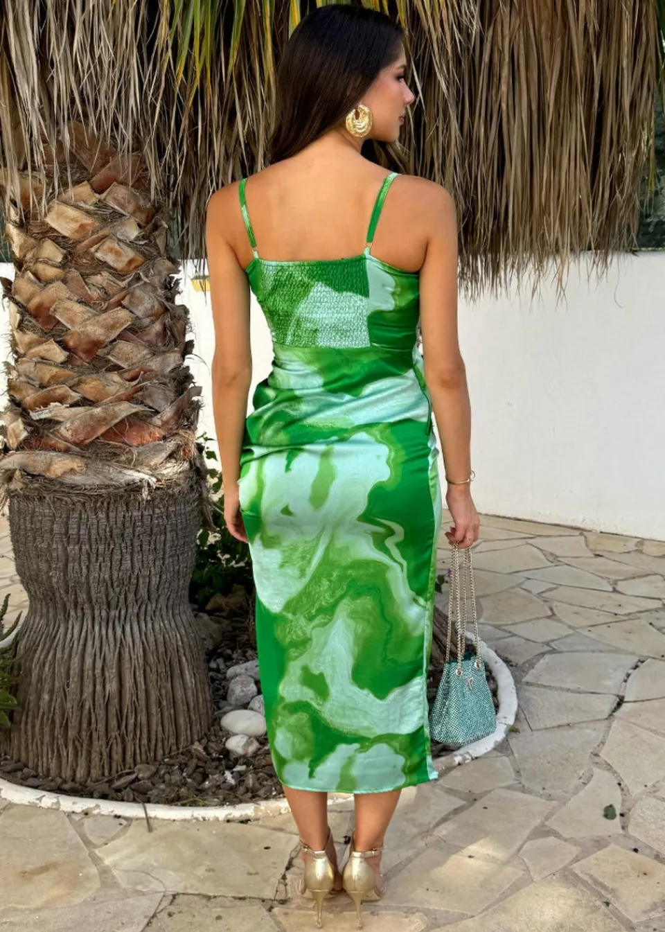 Dresses>AX Paris Green Tie Dye Print Ruched Side Strappy Midi Dress