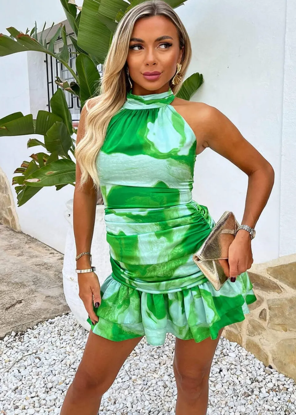 Dresses>AX Paris Green Tie Dye Print Halter Neck Ruched Mini Dress