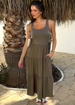Dresses>AX Paris Round Neck Ribbed Top Tiered Skirt Midi Dress Khaki