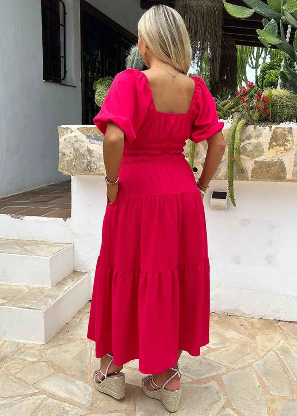 Dresses>AX Paris Puff Sleeve Shirred Waist Smock Midi Dress Magenta