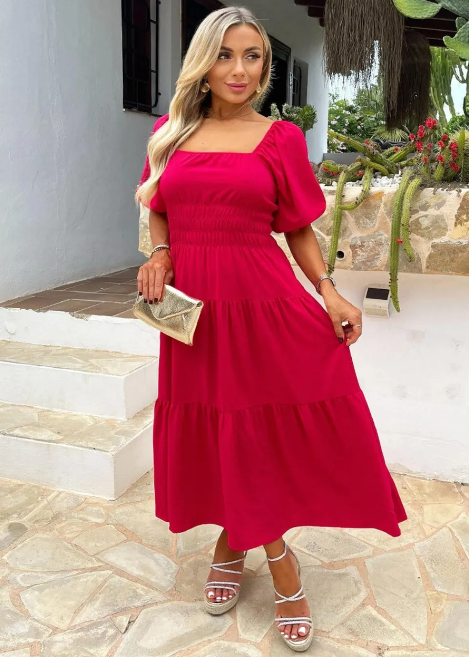 Dresses>AX Paris Puff Sleeve Shirred Waist Smock Midi Dress Magenta