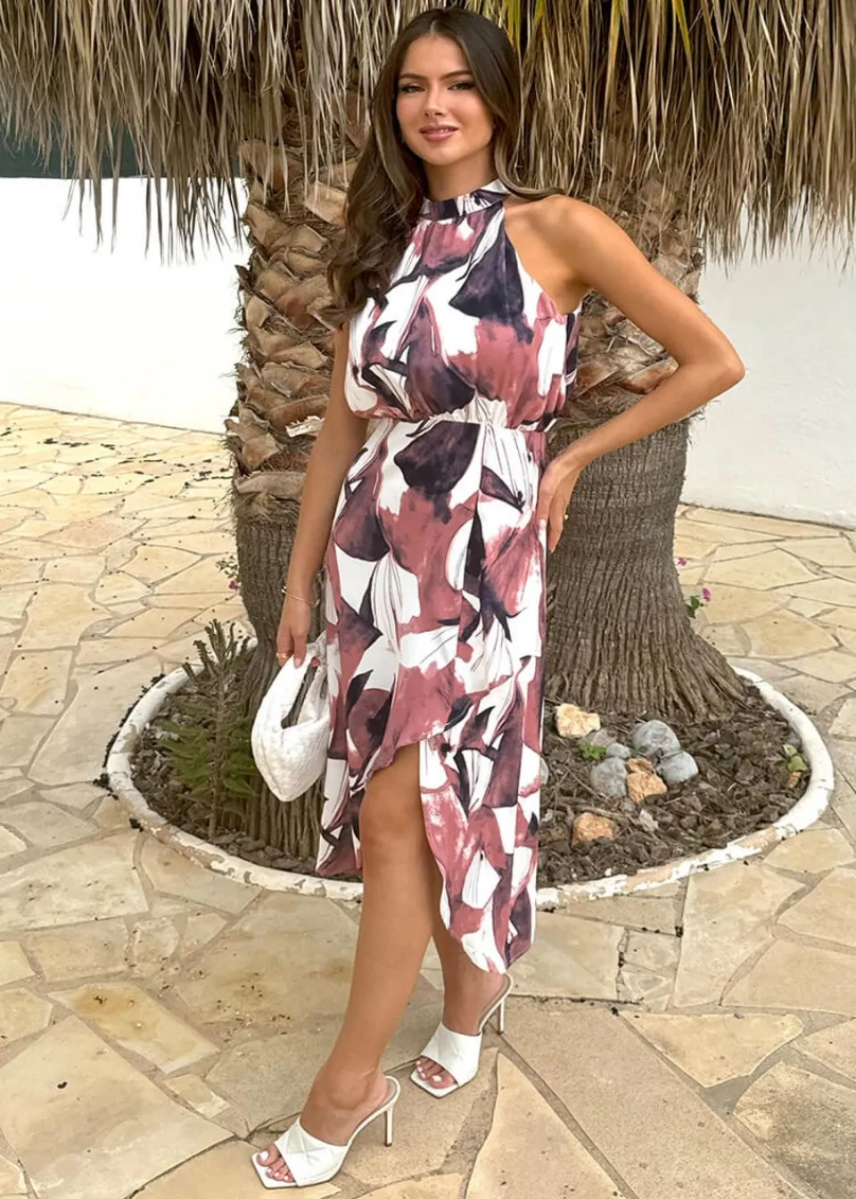 Dresses>AX Paris Multi Floral Print Halter Neck High Low Hem Midi Dress