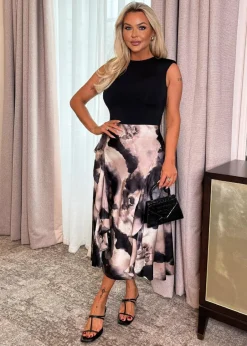 Dresses>AX Paris Multi Marble Print 2 In 1 Double Frill Split Midi Dress MultiPrint