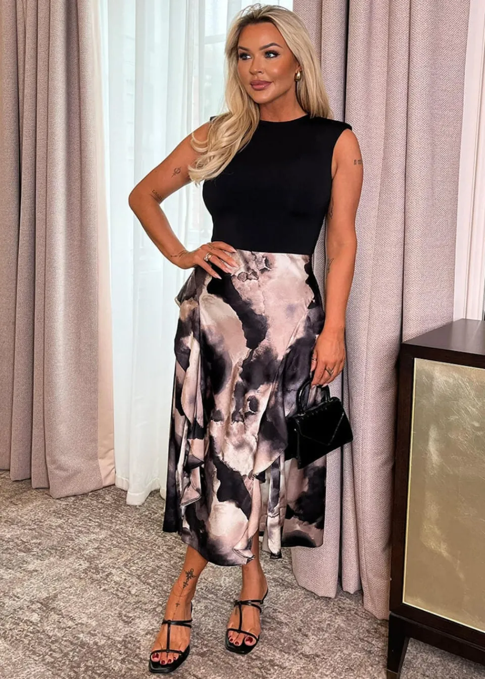 Dresses>AX Paris Multi Marble Print 2 In 1 Double Frill Split Midi Dress MultiPrint