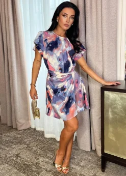 Dresses>AX Paris Multi Smudge Print Flutter Sleeve Gathered Side Mini Dress MultiBlue