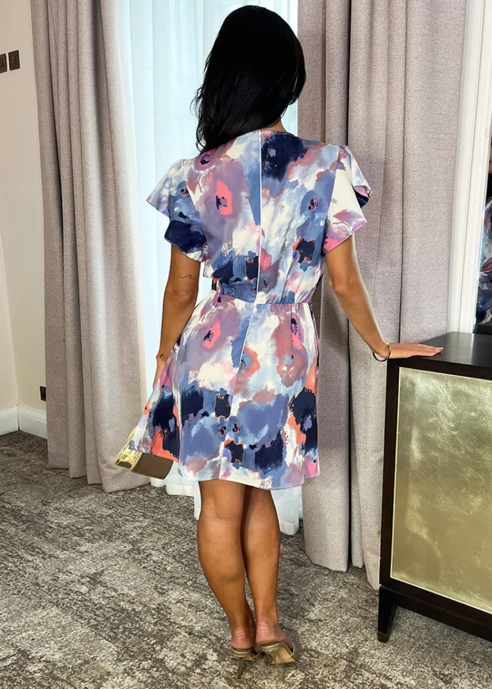 Dresses>AX Paris Multi Smudge Print Flutter Sleeve Gathered Side Mini Dress MultiBlue