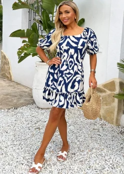 Dresses>Threadbare AX Paris Navy & Cream Abstract Print Short Sleeve Frill Hem Mini Dress