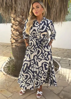 Dresses>Threadbare AX Paris Navy & Cream Abstract Print 3/4 Sleeve Tie Waist Shirt Midi Dress