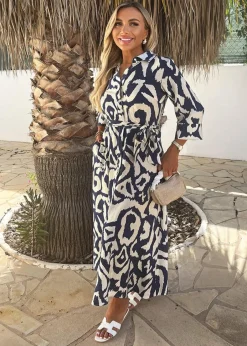 Dresses>Threadbare AX Paris Navy & Cream Abstract Print 3/4 Sleeve Tie Waist Shirt Midi Dress