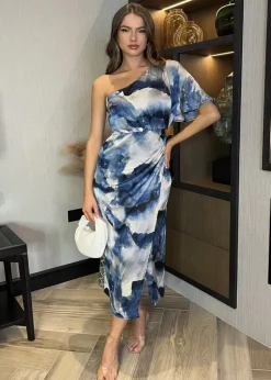 Dresses>AX Paris Navy Marble Print One Shoulder Wrap Skirt Midi Dress