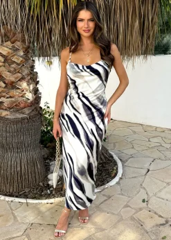 Dresses>AX Paris Navy Stripe Print Strappy Twist Back Slip Midi Dress