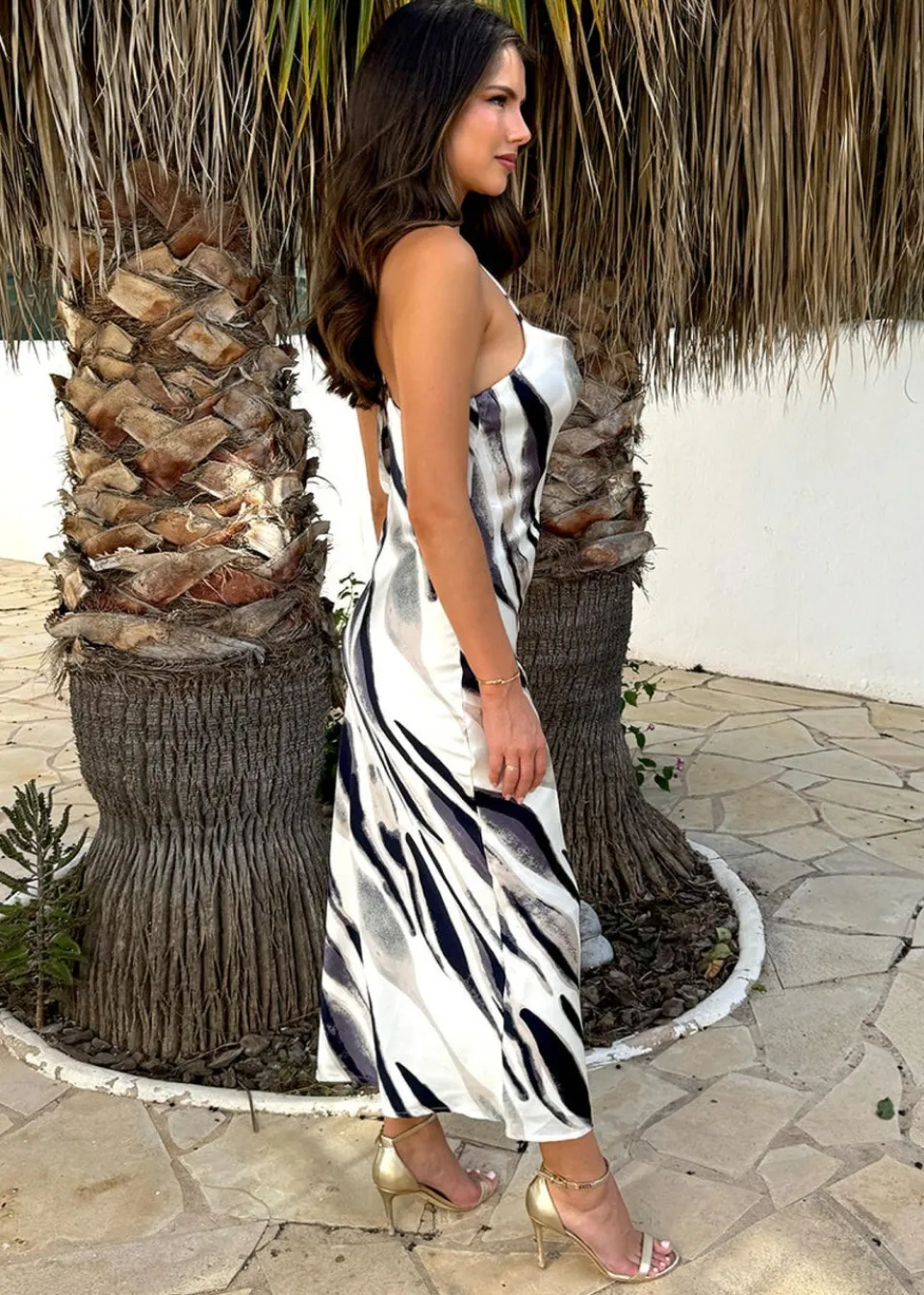 Dresses>AX Paris Navy Stripe Print Strappy Twist Back Slip Midi Dress