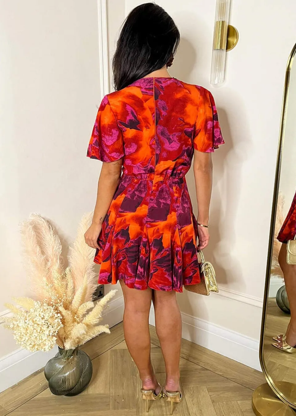 Dresses>AX Paris Orange Abstract Print Wrap Top Skater Mini Dress OrangeMulti