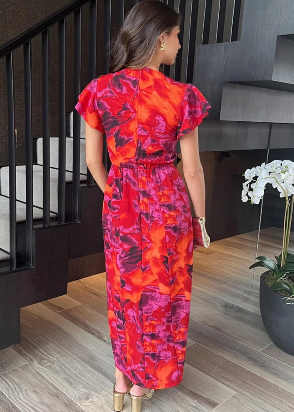Dresses>AX Paris Orange Abstract Print Flutter Sleeve Midi Dress