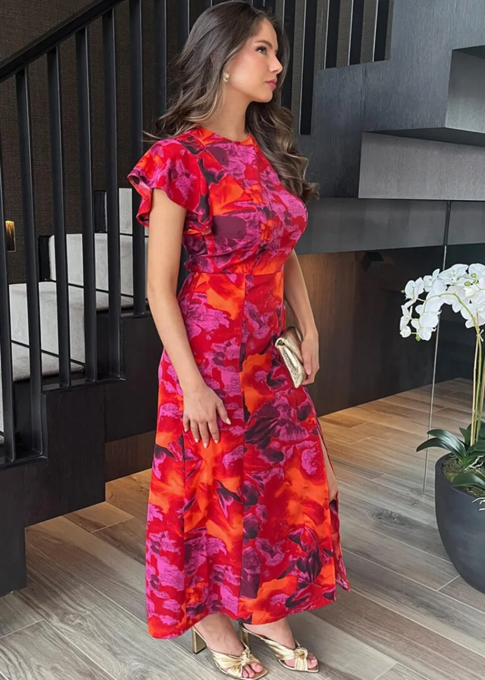 Dresses>AX Paris Orange Abstract Print Flutter Sleeve Midi Dress