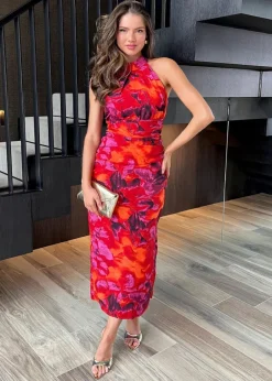 Dresses>AX Paris Abstract Print Halter Neck Draped Waist Midi Dress Orange