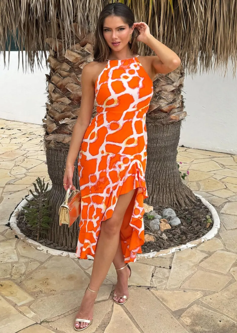 Dresses>AX Paris Giraffe Print Racer Neck High Low Frill Hem Midi Dress Orange