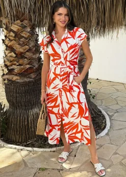 Dresses>AX Paris Orange Tropical Print Tie Waist Shirt Midi Dress