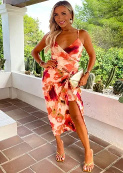 Dresses>AX Paris Peach Smudge Print Strappy Wrap Top Knot Skirt Midi Dress